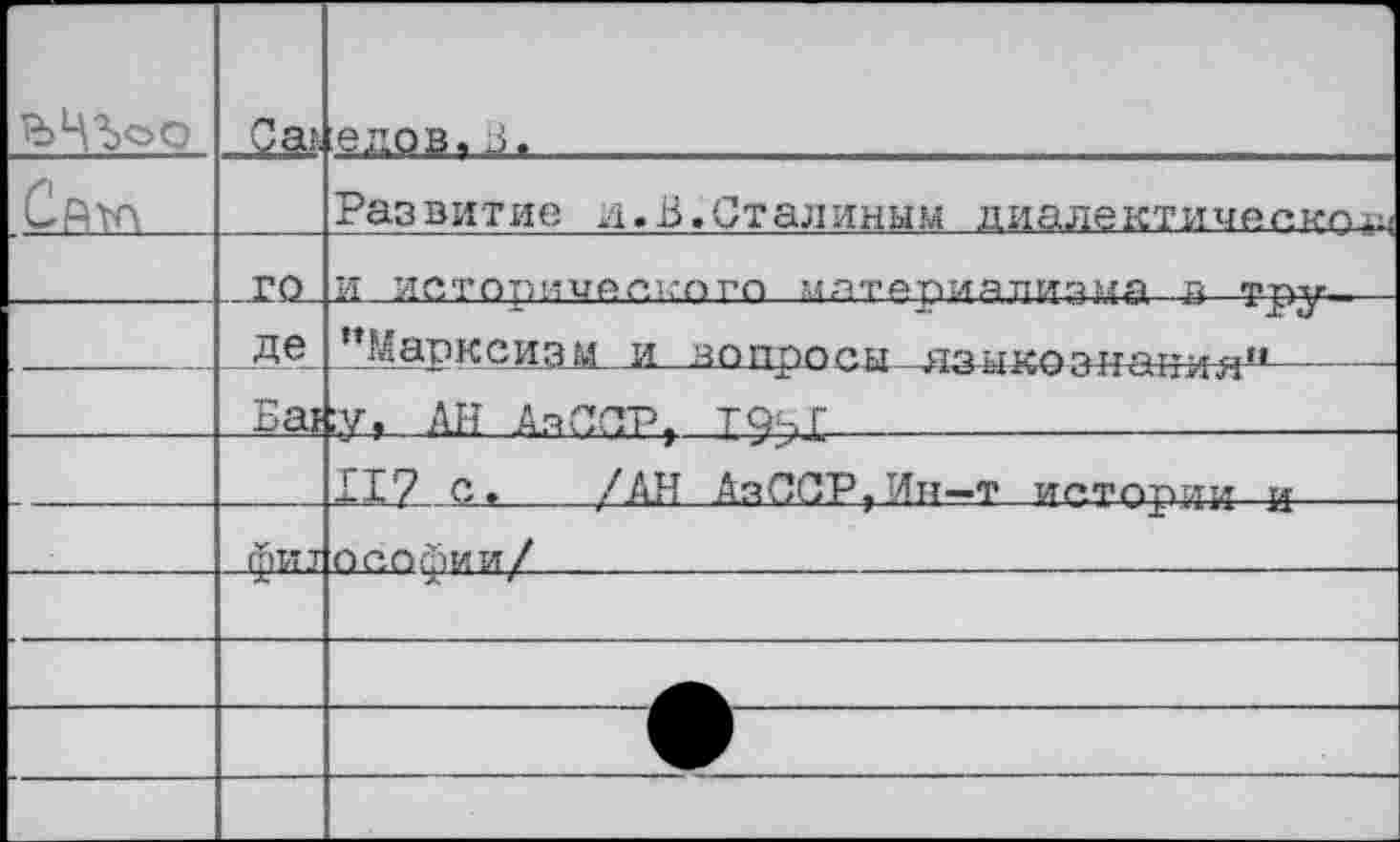 ﻿	С а?	1 елов.В.		 .
		Развитие и.В.Сталиным диалектичесил^
	го	и истприталкпгп мятярмяЛИЭМР В тр,г-
—	де Бат	г*Мар ксиэм и во про с ы—язык© знания11	 ;у. АН А я ССР, ТРЧ[
		117 с. /АН АйССР,Ии—т и^-Т^рии и
	фи 7	поофии/
		
		
		
		